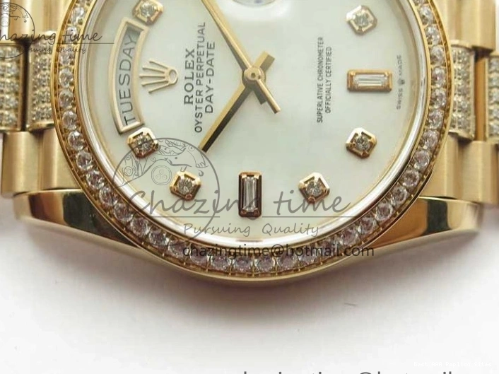 AAA Replica Watches on President A 2689 BP White ComfortFit Crystal Crystal Marker MOP RG Best Edition 128235 Dial Day-Date Bracelet RG 36mm 1218